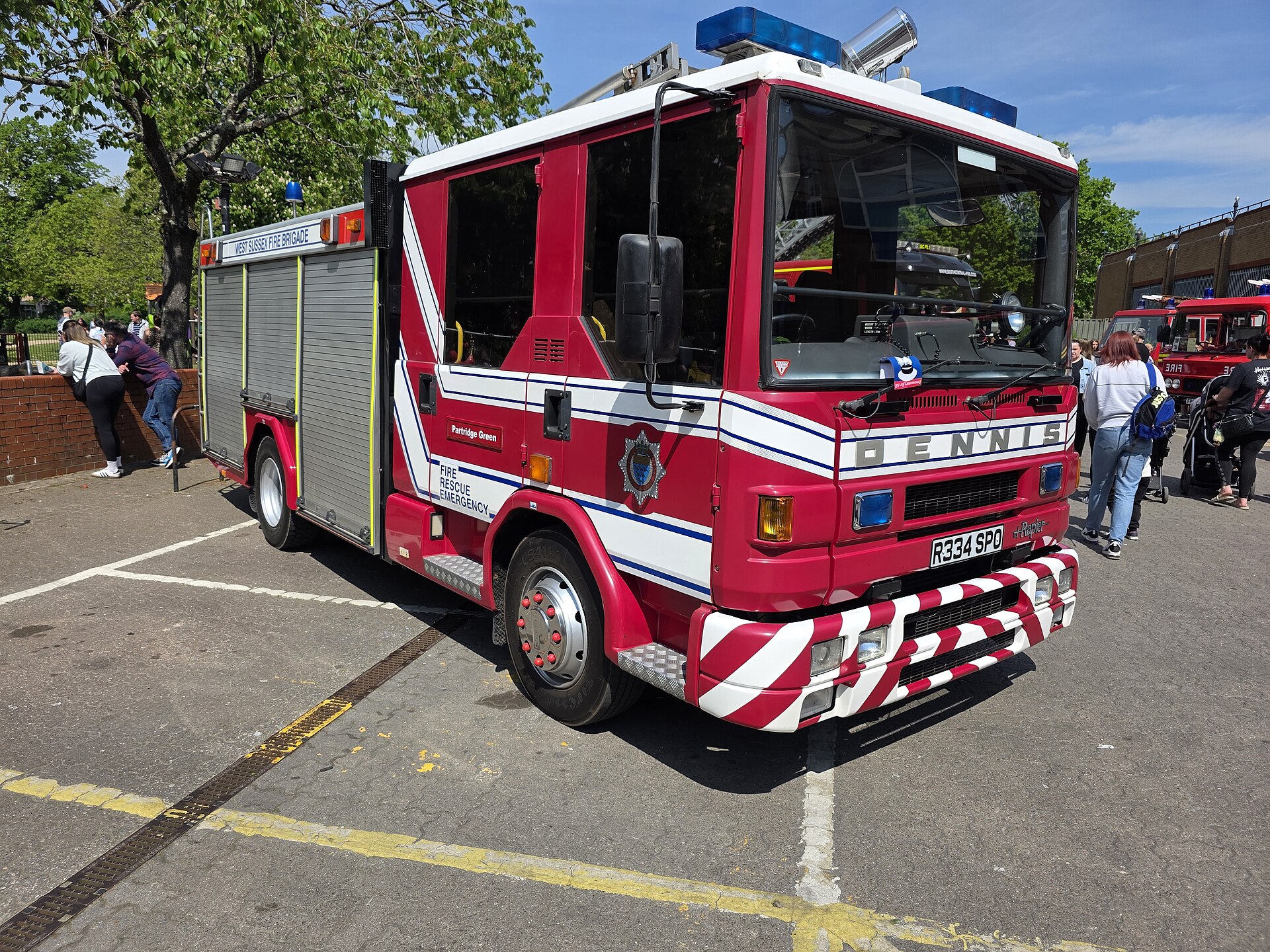 Preserved Dennis fire engines on public display among serving emergency vehicles at Eastleigh 999 Day, Hampshire, May 2026.