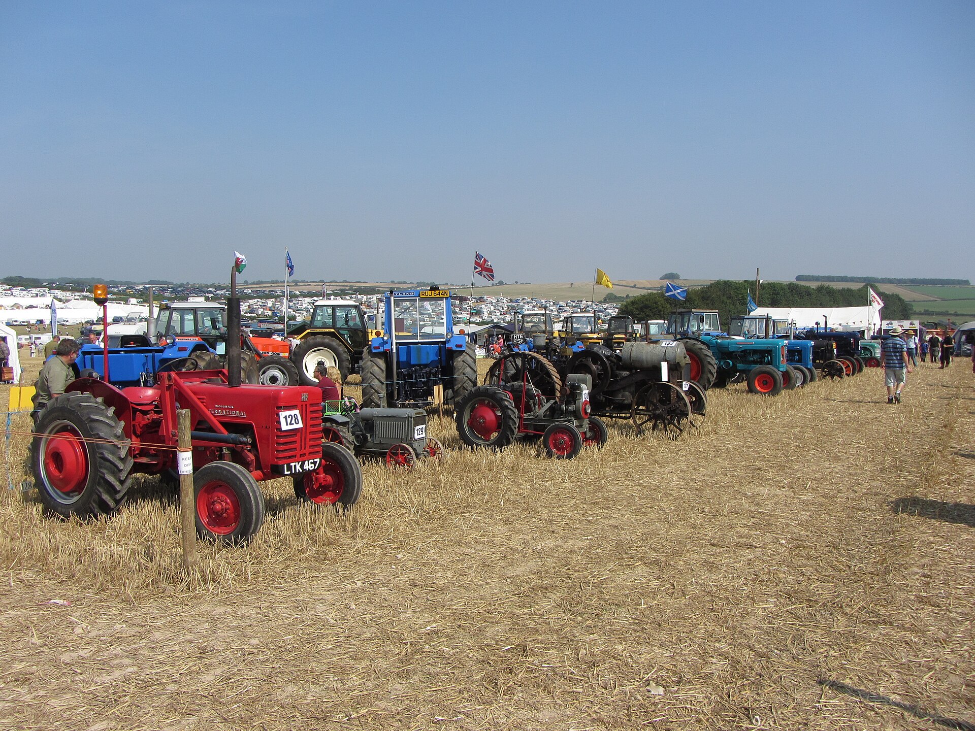 A long line of vintage tractors, including a red International with registration LTK 467, stands on golden stubble at the Great Dorset Steam Fair, flags flying above and chalk downland on the horizon.